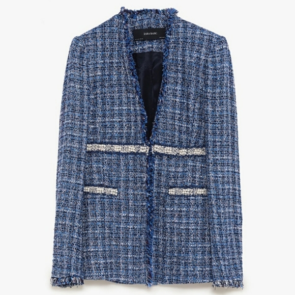 Zara Jackets & Blazers - Zara Blue Tweed Pearl Blazer